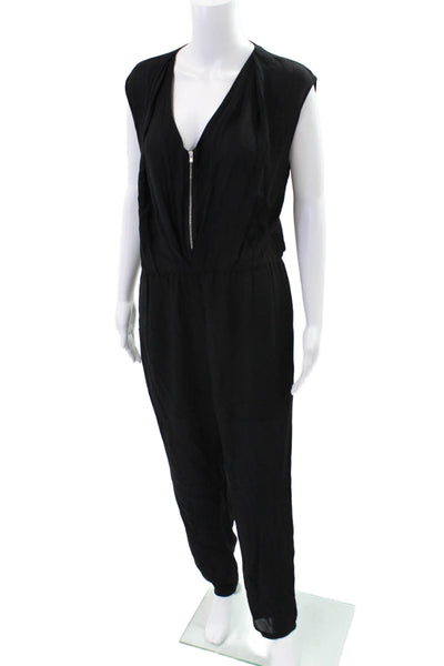 Sandro Womens Silk V-Neck Front Zip Sleeveless Jumpsuit Black Size 3
