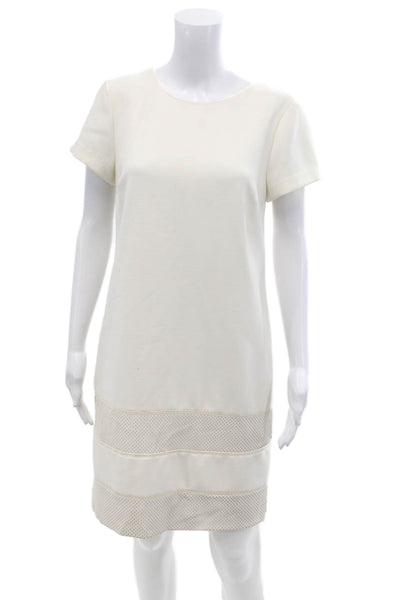Ann Taylor Women's Short Sleeves Round Neck Mesh Trim Mini Dress Beige Size 8