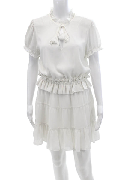Tularosa Women's V-Neck Short Sleeves Ruffle Tiered Mini Dress White Size M