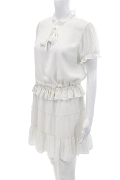 Tularosa Women's V-Neck Short Sleeves Ruffle Tiered Mini Dress White Size M