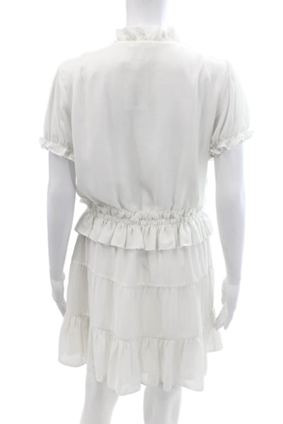 Tularosa Women's V-Neck Short Sleeves Ruffle Tiered Mini Dress White Size M