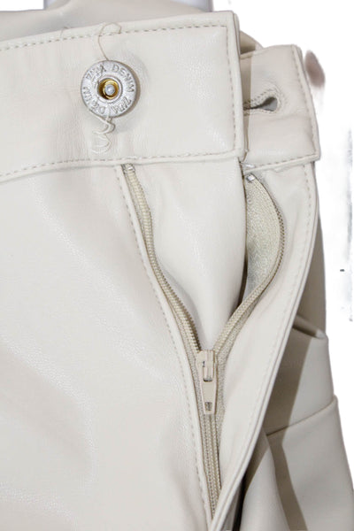 Zara Women's Button Closure Faux Leather Straight Leg Pants Beige Size 10
