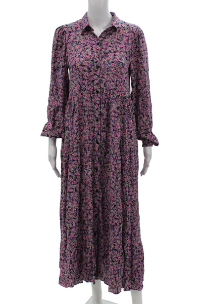 Zara Womens Floral Print Long Sleeve Button Down Dress Purple Size XS