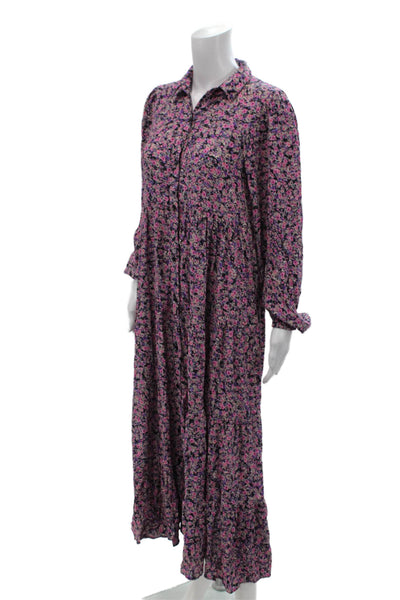 Zara Womens Floral Print Long Sleeve Button Down Dress Purple Size XS