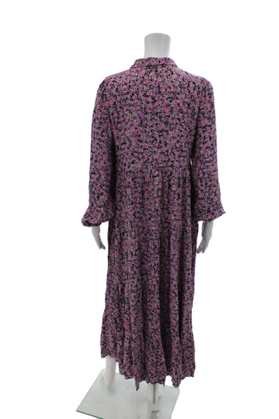 Zara Womens Floral Print Long Sleeve Button Down Dress Purple Size XS