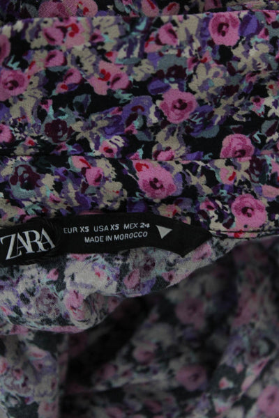 Zara Womens Floral Print Long Sleeve Button Down Dress Purple Size XS