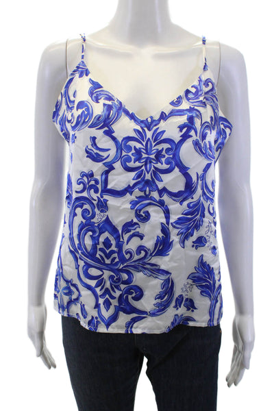 L'Agence Womens Silk Printed V Neck Sleeveless Tank Top White Blue Size Medium