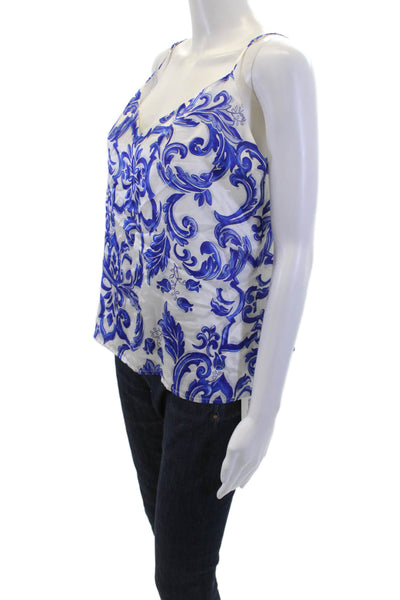 L'Agence Womens Silk Printed V Neck Sleeveless Tank Top White Blue Size Medium