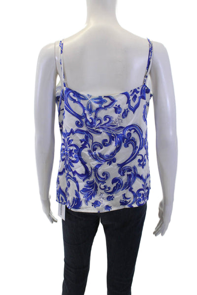 L'Agence Womens Silk Printed V Neck Sleeveless Tank Top White Blue Size Medium