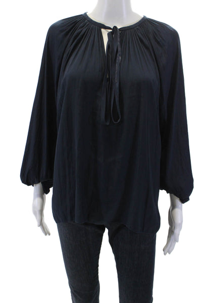 Ramy Brook Womens Long Sleeves Key Hole Neck Blouse Navy Blue Size Small