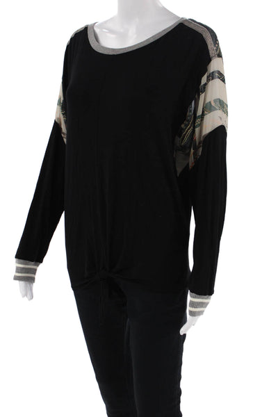 Tiny Anthropologie Womens Long Sleeve Scoop Neck Printed Trim Shirt Black Small