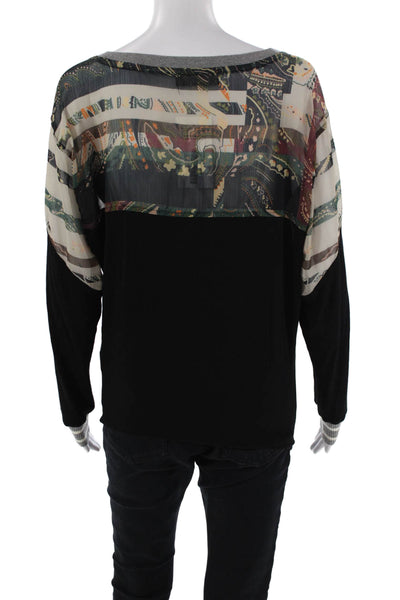 Tiny Anthropologie Womens Long Sleeve Scoop Neck Printed Trim Shirt Black Small