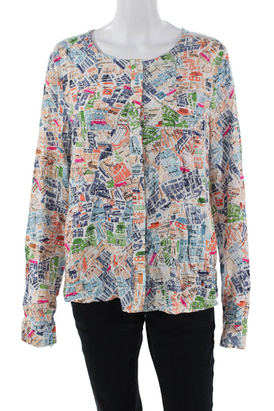 Maeve Anthropologie Womens Long Sleeve Street Print Shirt White Multi Size 12
