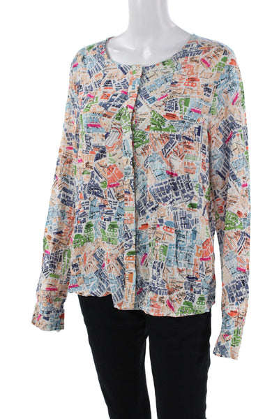 Maeve Anthropologie Womens Long Sleeve Street Print Shirt White Multi Size 12