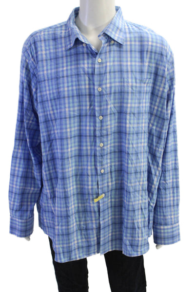 Peter Millar Mens Check Button-Down Shirt Blue Size 2XL