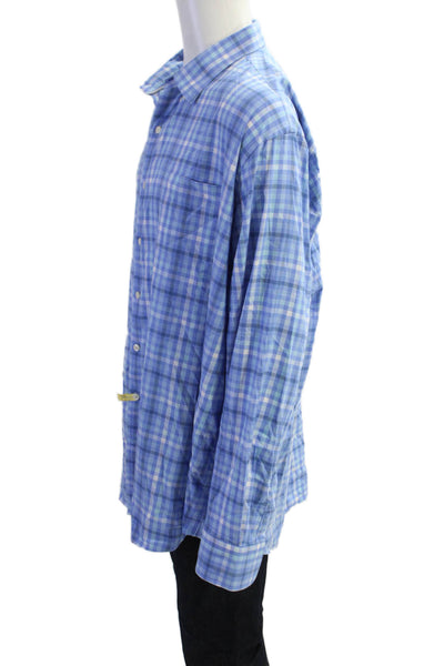Peter Millar Mens Check Button-Down Shirt Blue Size 2XL