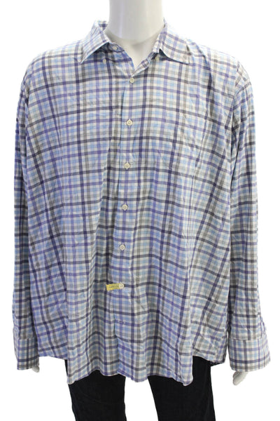Peter Millar Mens Checkered Button-Front Shirt Blue Size 2XL
