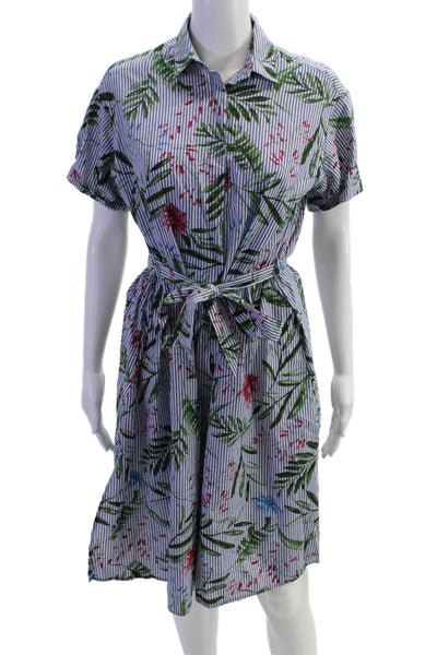 Zara Womens Cotton Striped Floral Collar Short Sleeve Dress Blue Size Small