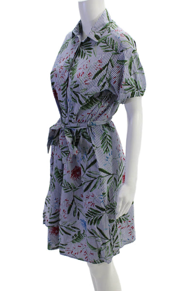 Zara Womens Cotton Striped Floral Collar Short Sleeve Dress Blue Size Small