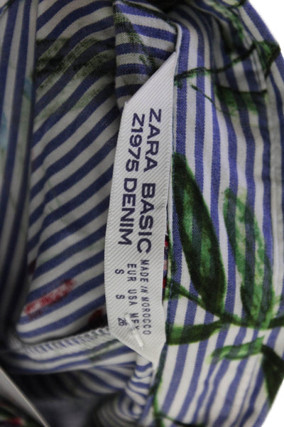 Zara Womens Cotton Striped Floral Collar Short Sleeve Dress Blue Size Small