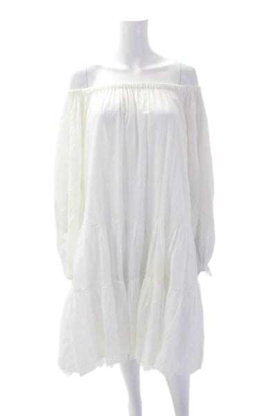 Designer Womens Long Sleeve Off Shoulder Lace Trim Dress White Cotton Size 8