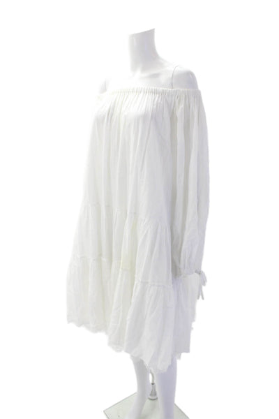Designer Womens Long Sleeve Off Shoulder Lace Trim Dress White Cotton Size 8