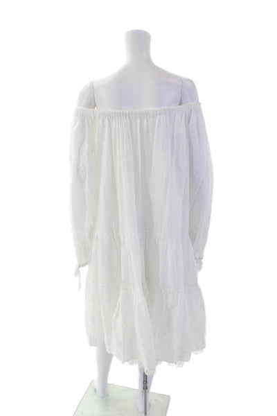 Designer Womens Long Sleeve Off Shoulder Lace Trim Dress White Cotton Size 8