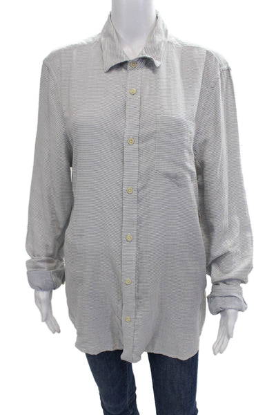 Allsaints Womens Cotton Striped Print Long Sleeve Button Up Shirt Gray Size L