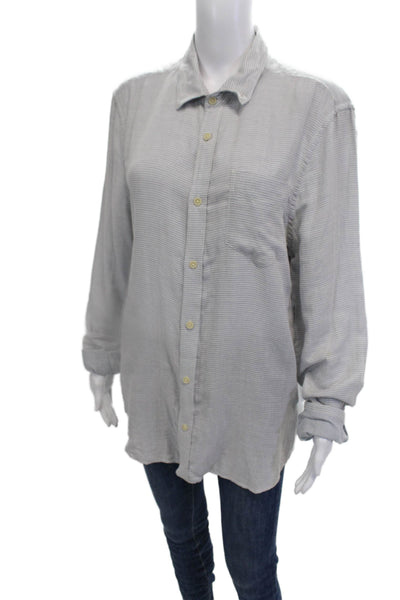 Allsaints Womens Cotton Striped Print Long Sleeve Button Up Shirt Gray Size L