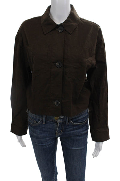 Zara Womens Linen Collared Long Sleeve Buttoned Crop Top Brown Size XS