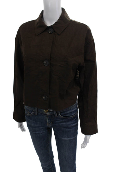 Zara Womens Linen Collared Long Sleeve Buttoned Crop Top Brown Size XS