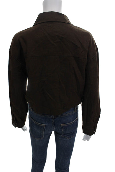 Zara Womens Linen Collared Long Sleeve Buttoned Crop Top Brown Size XS