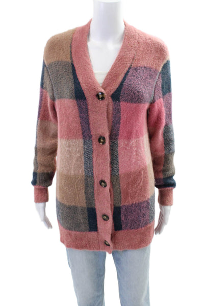 Ann Taylor Womens Textured Knit Button Plaid Print Cardigan Pink Size XS