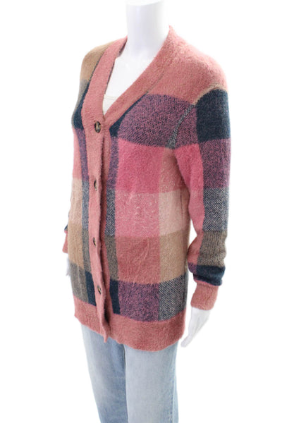 Ann Taylor Womens Textured Knit Button Plaid Print Cardigan Pink Size XS