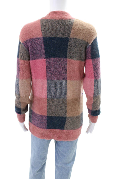 Ann Taylor Womens Textured Knit Button Plaid Print Cardigan Pink Size XS