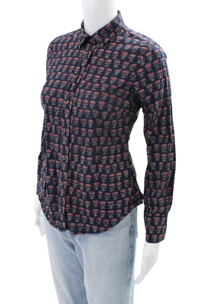 J Crew Womens Cotton Long Sleeve Floral Button Up Top Navy Size 0