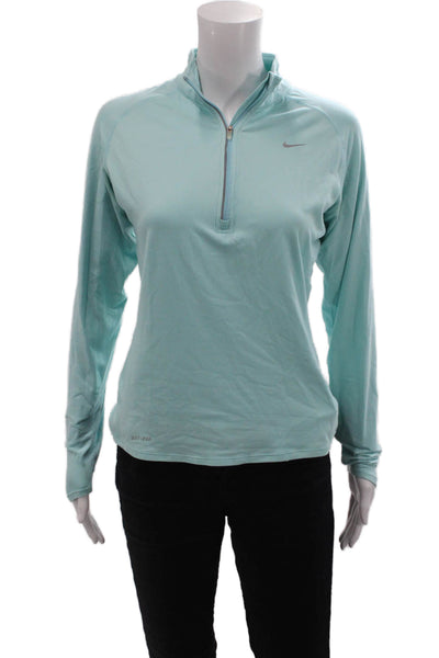 Nike Womens Long Sleeve Quarter Zip Mock Neck Logo Athletic Top Blue Size Small