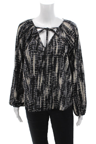 Vintage Havana Womens Long Sleeve Keyhole Abstract Blouse Gray White Medium