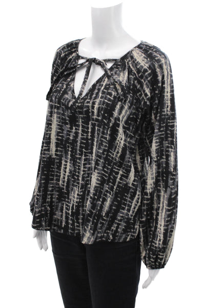 Vintage Havana Womens Long Sleeve Keyhole Abstract Blouse Gray White Medium