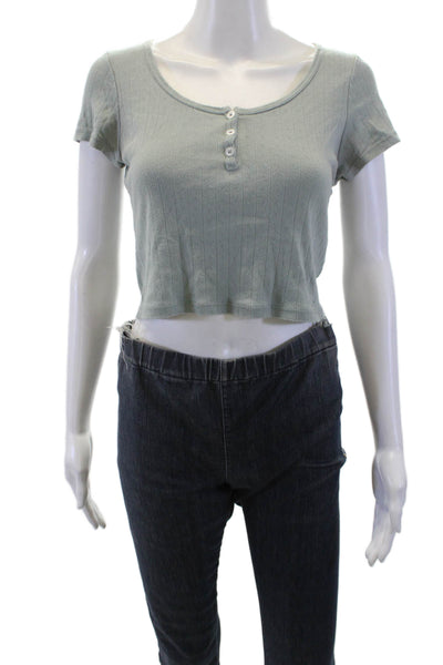 Brandy Melville Womens Cotton Buttoned Detail Short Sleeve Crop Top Green Size S