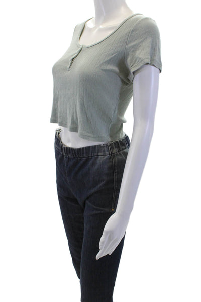 Brandy Melville Womens Cotton Buttoned Detail Short Sleeve Crop Top Green Size S