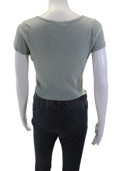 Brandy Melville Womens Cotton Buttoned Detail Short Sleeve Crop Top Green Size S