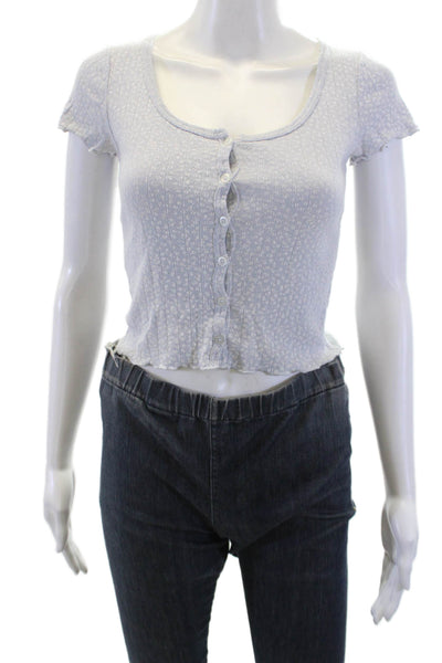 Brandy Melville Womens Cotton Buttoned Lettuce Hem Floral Crop Top Blue Size S