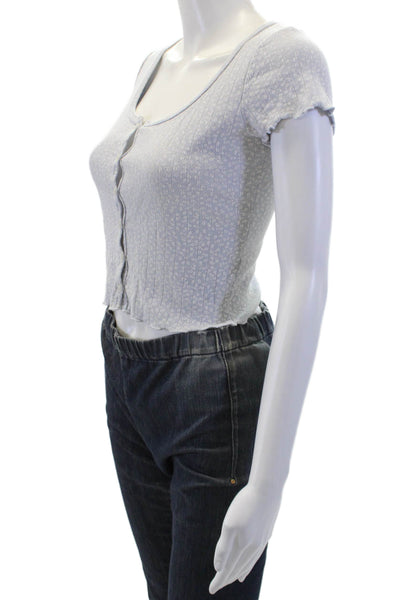 Brandy Melville Womens Cotton Buttoned Lettuce Hem Floral Crop Top Blue Size S