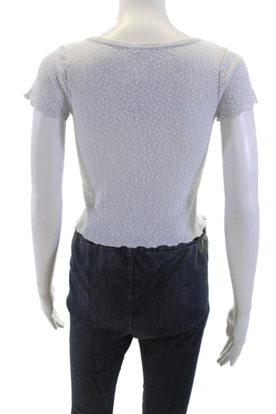 Brandy Melville Womens Cotton Buttoned Lettuce Hem Floral Crop Top Blue Size S