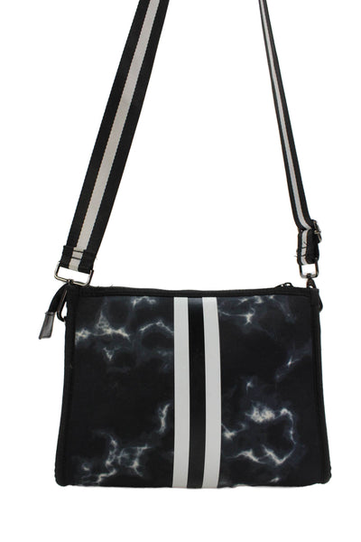 Haute Shore Womens Striped Detail Tie Dye Zippered Shoulder Bag Black