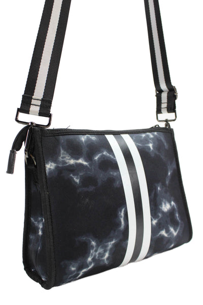 Haute Shore Womens Striped Detail Tie Dye Zippered Shoulder Bag Black
