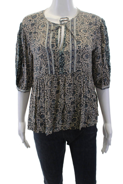 Ba&Sh Womens Short Sleeve Keyhole Floral Blouse White Blue Size 4