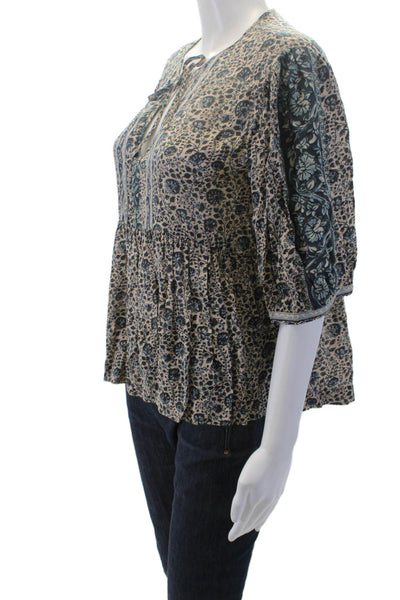 Ba&Sh Womens Short Sleeve Keyhole Floral Blouse White Blue Size 4