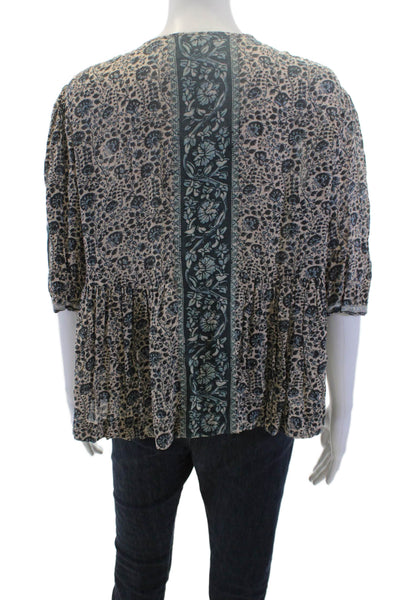 Ba&Sh Womens Short Sleeve Keyhole Floral Blouse White Blue Size 4